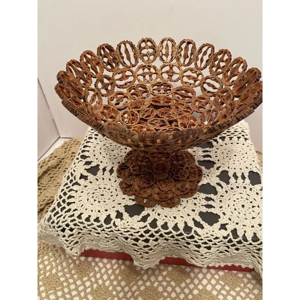 Black Walnut Shell Bowl Folk Art Hand‎ Made Sliced Hulls Footed Wood Dish UNIQUE